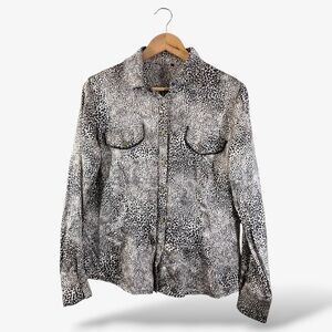 Airfield Leopard Print Snap Button Blouse Size 42 Long Sleeve Casual White Gray